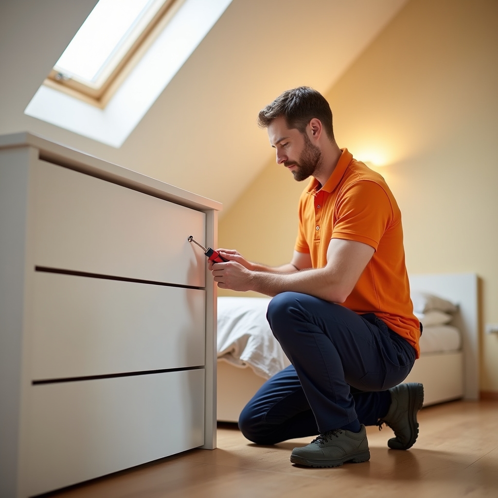 Montażysta składający szafę IKEA w mieszkaniu w Katowicach